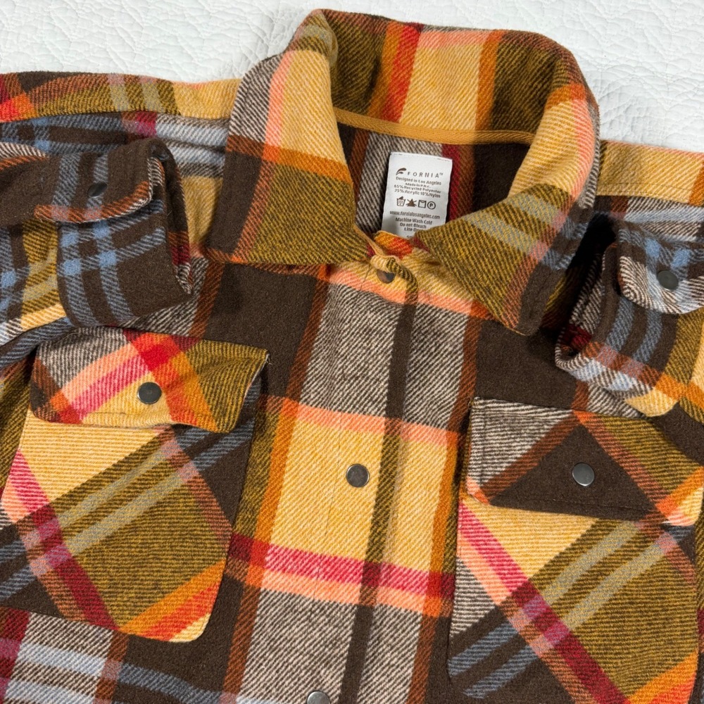 Fornia Plaid Flannel Shacket‎ Mens Small Brown Orange Gorpcore Snap Front EUC